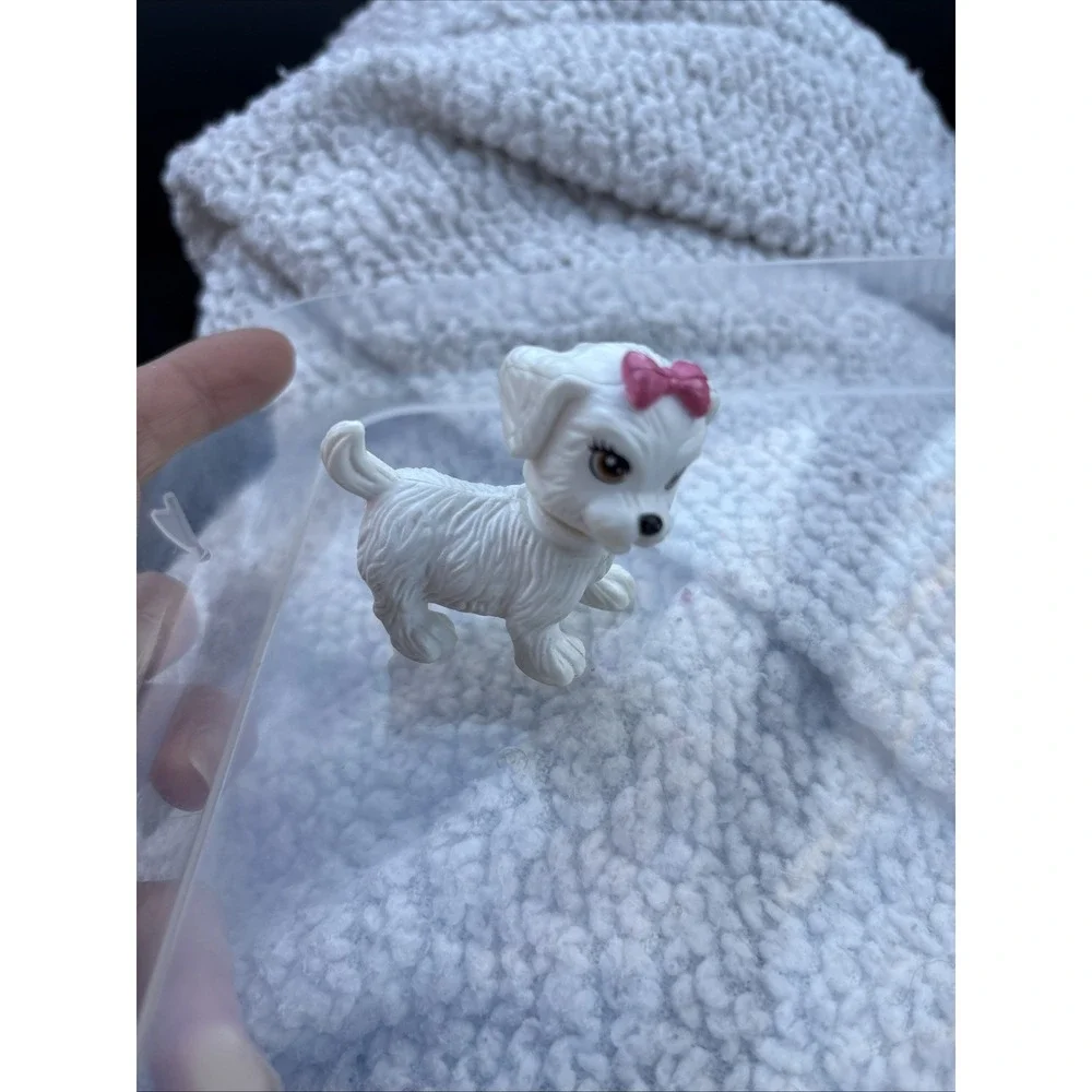 Barbie Doll Pet White Dog Brown Eyes Pink Bow No Collar Toy Pet Replacement Part